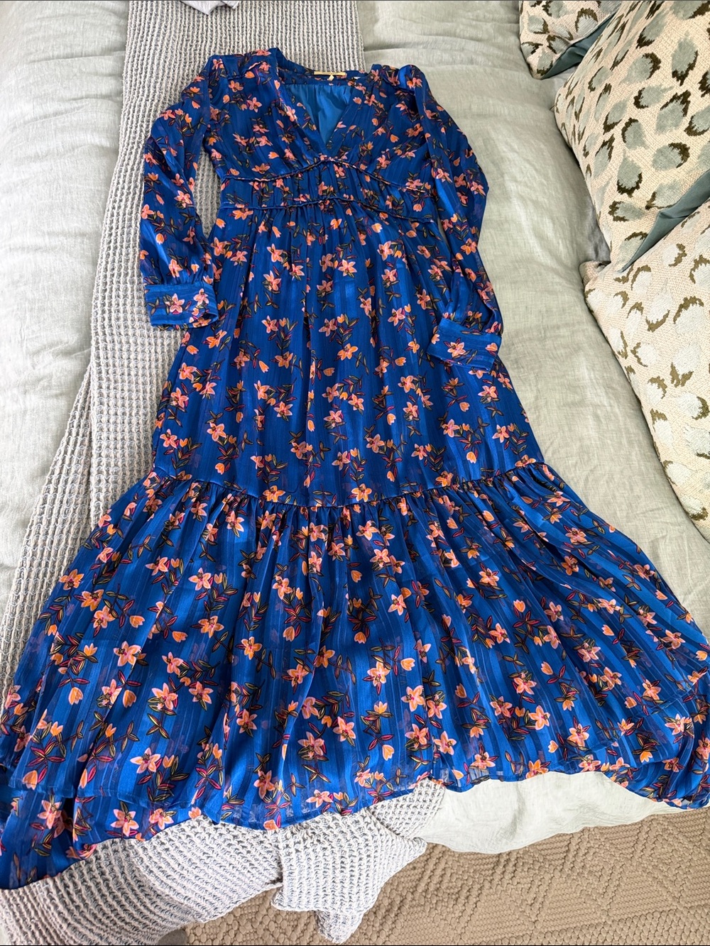 Blue Floral Maxi Dress with Pink Blossom Print